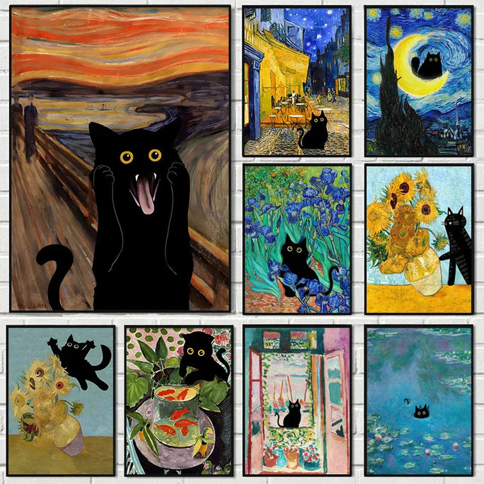 Black Cat and Van Gogh Canvas Art – Whimsical, Colorful Art for Your Home