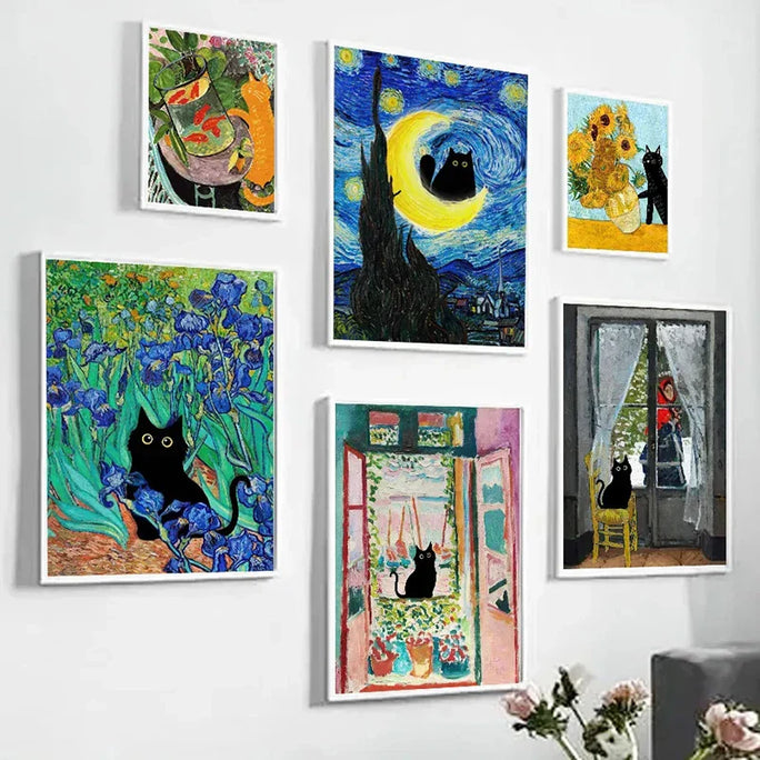 Black Cat and Van Gogh Canvas Art – Whimsical, Colorful Art for Your Home