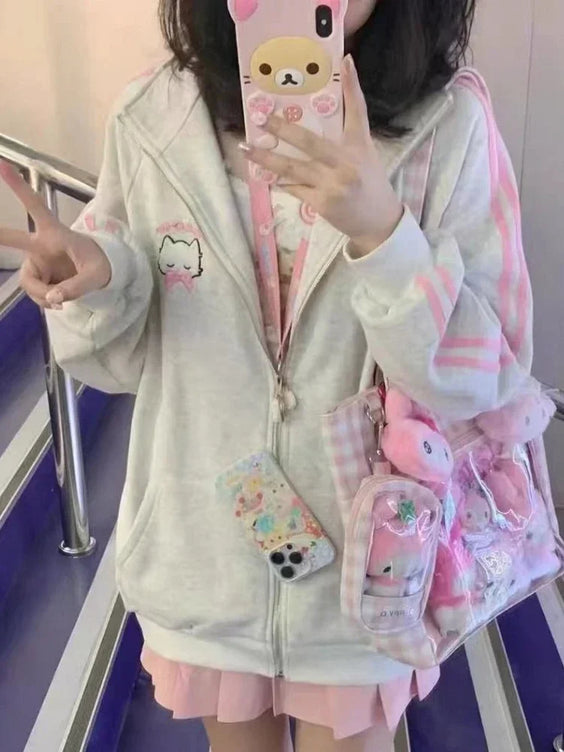 Harajuku Cat Embroidery Oversized Hoodie – Trendy & Cozy Street Style