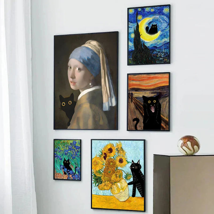 Black Cat and Van Gogh Canvas Art – Whimsical, Colorful Art for Your Home